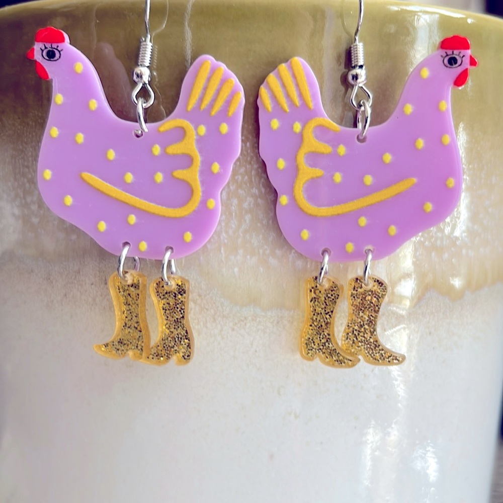 5/$25 🐓 Funny Cute Chicken Cowboy Boots Acrylic Earrings